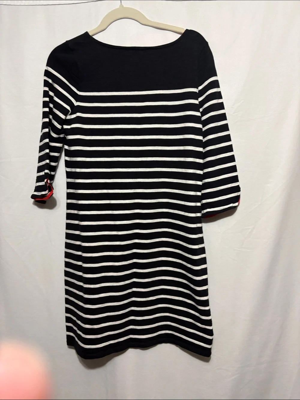 Talbots Black and White Striped Midi Dress with Red Neck Trim